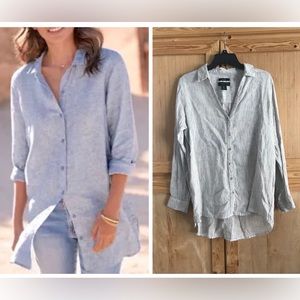 TAHARI Linen pinstripe abalone mother of pearl button long 3/4 sleeve tunic top